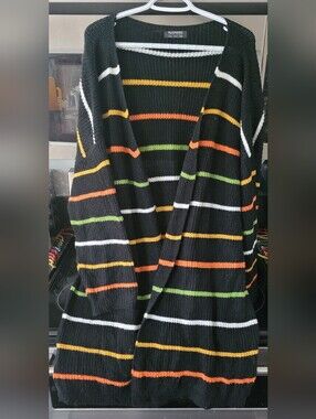 BloomChic Black Cardigan with Orange, Yellow, Green & White Stripes